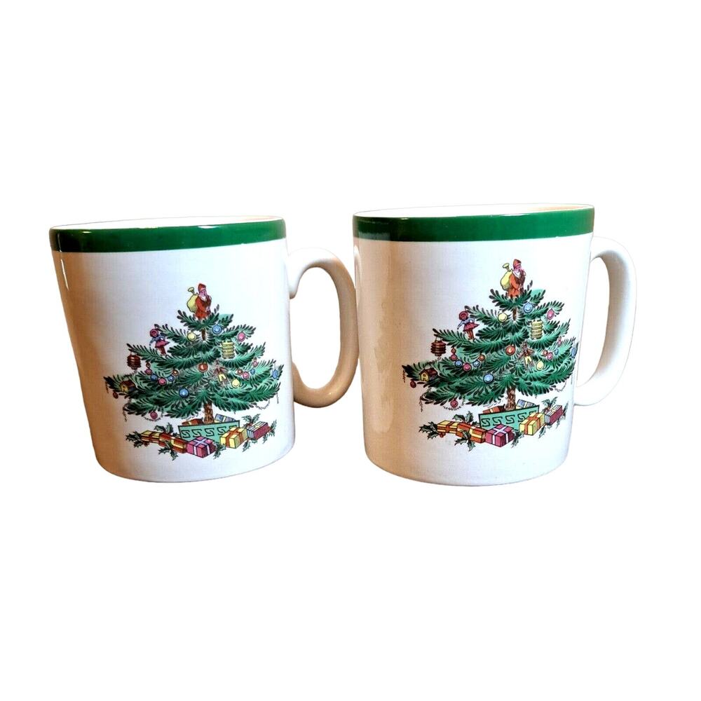 Vintage 1980s Spode Christmas Tree 2 Mugs 3.5 In Pair Traditional Design S3324B